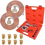 MuHize Kits de línea de freno con kit de herramientas – Kit de líneas de freno recubiertas de cobre de 25 pies 3/16 y 1/4 (con 32 accesorios y 8 uniones) con juego de herramientas de abocardado doble