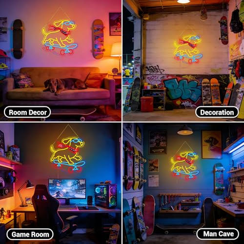 Image of Dachshund Skateboarding Neon Sign, Skateboard Dog Neon Signs for Wall Decor Cool LED Wall Art Decor, Dimmable Dog Lover Gift for Living Room, Bar, Shop, or Birthday Party (Dachshund -Blue)