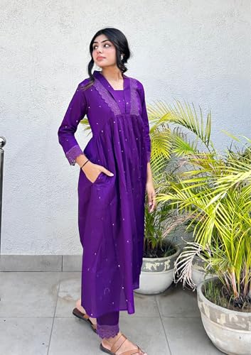 Image of MOKOSH Women's Cotton Kurta with Pant | Kurta Set | V Neck 3 /4 Sleeve Ethnic Suit | 2 Piece Outfit | Indian Kurta Outfit With Pant