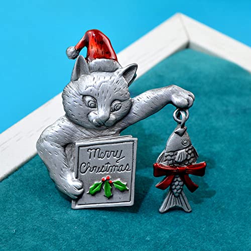 Broche de Noël chat émail brillant avec pendentif poisson - 4