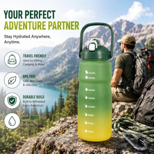 Image of Motivational Water Bottle with Straw & Handle, Time Marker Sports Sipper Bottle with Flip Top Lid, Gradient Water Bottle for Gym, Fitness, Workout, Travel, Office & Daily Hydration (Green, 3.3 Liter)