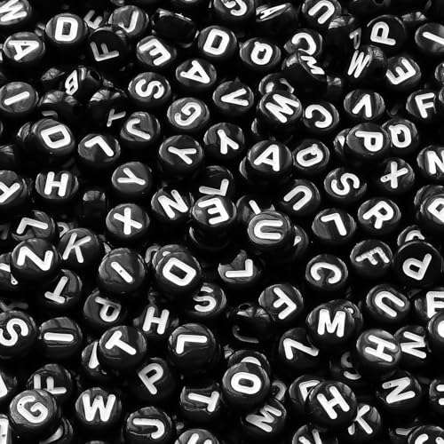 Amaney 1200pcs Black Round Acrylic Alphabet Letter Beads 7x4mm for Jewelry Making Bracelets Necklaces Key Chains