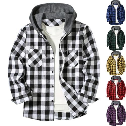 Flannel Jacket for Men Fall Plaid Printed Long Sleeve Button Down Hoodie Lightweight Casual Shirts Coat Outerwear