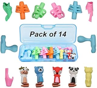 ACONDE Pencil Grips with Pencil Case - Blue, Grip Set Handwriting Correction Tool for Kids, Pack of 14