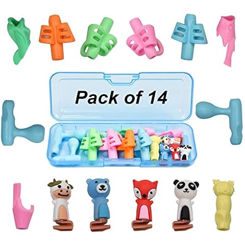 ACONDE Pencil Grips with Pencil Case - Blue, Grip Set Handwriting Correction Tool for Kids, Pack of 14 Cover
