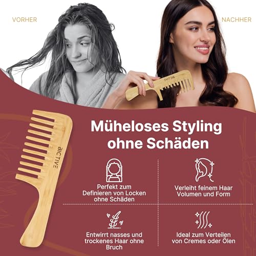 BICTIVE® Grober Kamm [Groß]. Holzkamm für Alle Haartypen. Lockenkamm Naturlocken aus Bambus, Styling Kamm, Wide Tooth Comb, Entwirrbürste Lange Haare, Breite Zinken für Damen und Männer. Anti-Frizz