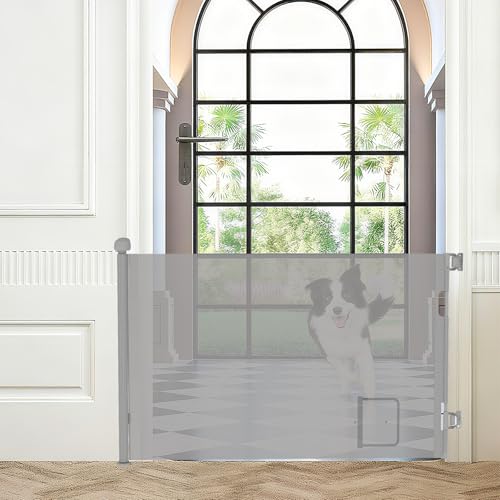 homewell 150cm Treppenschutzgitter Ausziehbare für Babys, Türschutzgitter mit Katzenklappe, Türschutz für Treppen/Türen/Innen & Außen, Einhändig Bedienbar