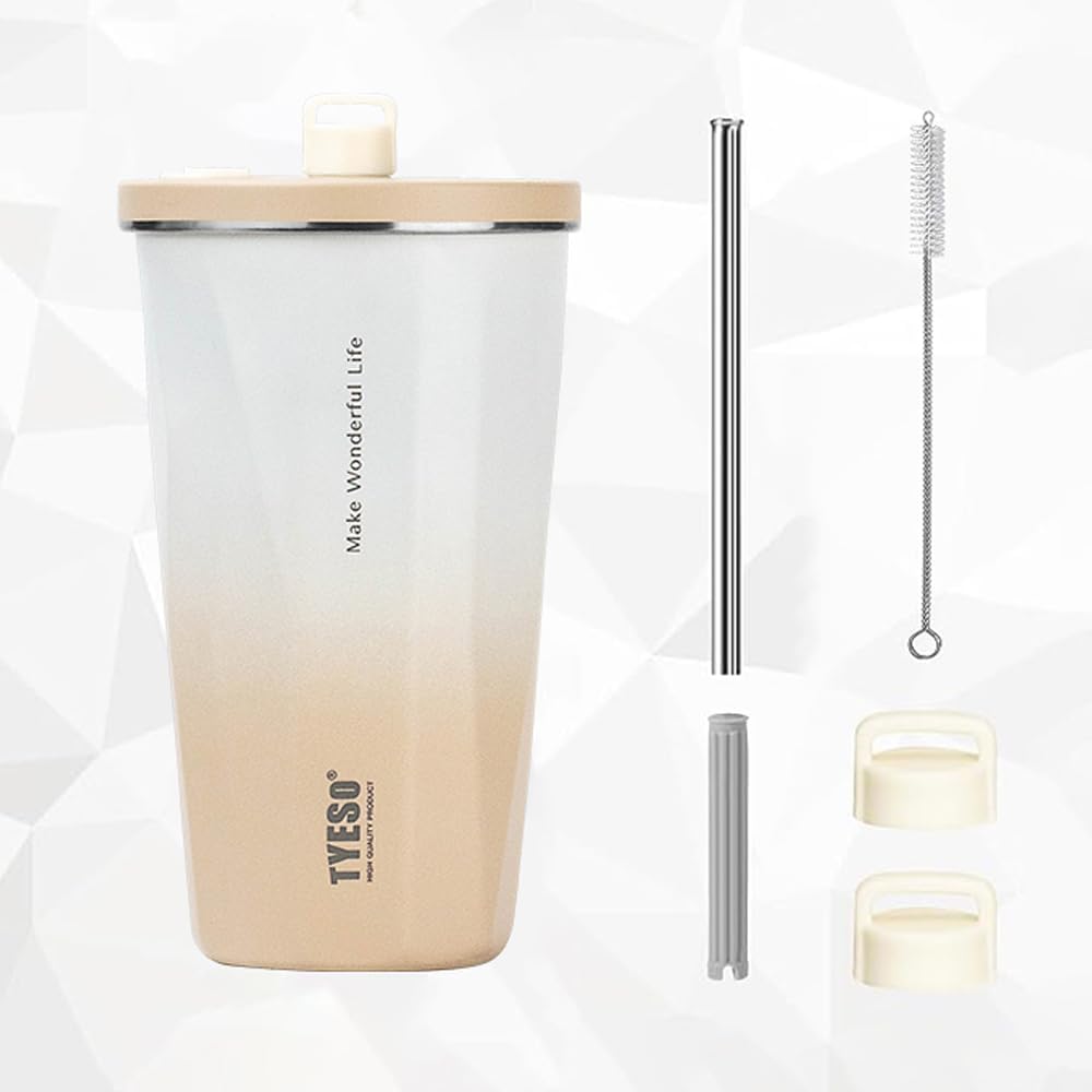 TYESO Stainless Steel Tumbler with straw inside Stainless steel wide-mouth vacuum insulation home office outdoor multi-color thermal insulation and cold insulation cover with 20oz (Pink) - Image 4