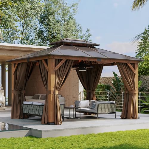 Image of Aoxun 10' x 12' Outdoor Wood Gazebo with Double Polycarbonate Top, Hardtop Gazebo Permanent Wooden Pavilion with 20 inch Ceiling Fan with Light, Netting and Curtain for Patio, Garden, Cedar Wood Box of 3