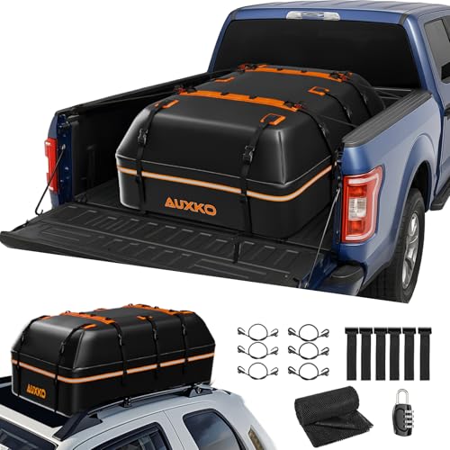 AUXKO 15 Cubic Ft Waterproof Rooftop Cargo Carrier for Truck Bed & All Vehicles with/without Roof Rack, Foldable Roof Bag with 6 Adjustable Bungee Straps, Combination Lock, Anti-Slip Mat, 6 Door Hooks