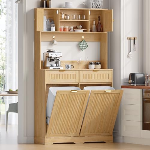 Image of Double 13 Gallon Tilt Out Trash Can Cabinet,Garbage Cabinet with Drawer | Hidden Garbage Storage with Fluted Design, Drawer & Hooks for Kitchen, Dining Room and Small Space Organization,Natural Wood