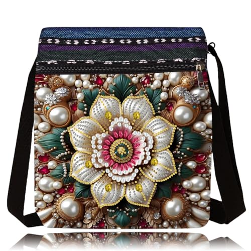 LSQFS DIY Diamond Art Painting Crossbody Bag for Women Diamond Art Kits for Adults Ethnic Floral Pattern Shoulder Purse with Adjustable Strap & Zipper Handmade Craft Bag for Shopping Traveling