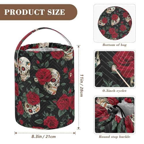 Image of ElliTarr Crochet Bag Yarn Bag with Handle Portable Knitting Project Bag Travel Yarn Storage Organizer Holder Case Mexico Skull Rose Flowers Red
