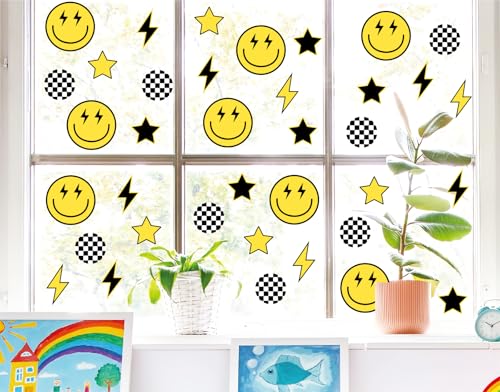 JarThenaAMCS One Happy Dude Window Clings Black Yellow Smile Face Lightning Star Checkered Dot Window Stickers Double-Side Preppy Glass Decals for Home Party Decor, 6 Sheets