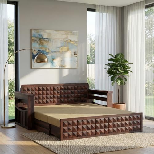Image of Krishna Wood Decor Sheesham Wood 3 Seater Sofa Cum Bed with Mattress | Wooden Convertible Sofa Cum Bed with Side Pockets | Modern Sofa Bed with Storage Drawer for Living Room & Bedroom, Walnut Finish