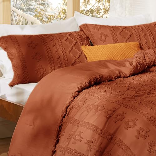 Image of Bedsure Tufted Boho Comforter Set Queen Size - Terracotta Boho Bed Set, GentleSoft 3 Pieces Farmhouse-Style Embroidery Bedding, Gifts for Woman, Soft Jacquard Kids' Queen Comforter for All Seasons