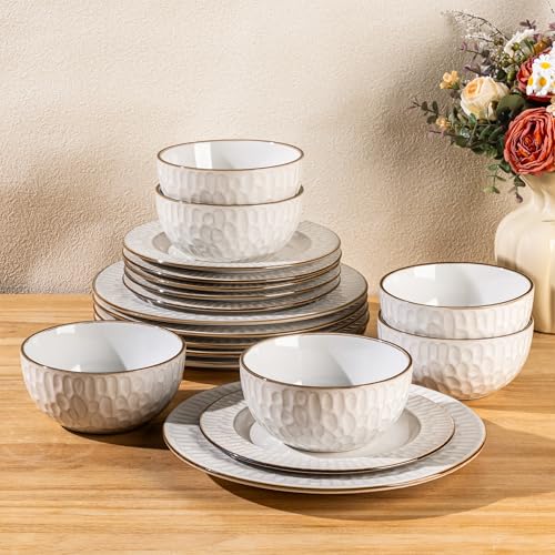 Image of GBHOME Ceramic Dinnerware Sets,18 pcs Embossed Elegant Stoneware Plates and Bowls Sets, Housewarming Wedding Gift | Dishwasher & Microwave Safe | Dishes Set Service for 6