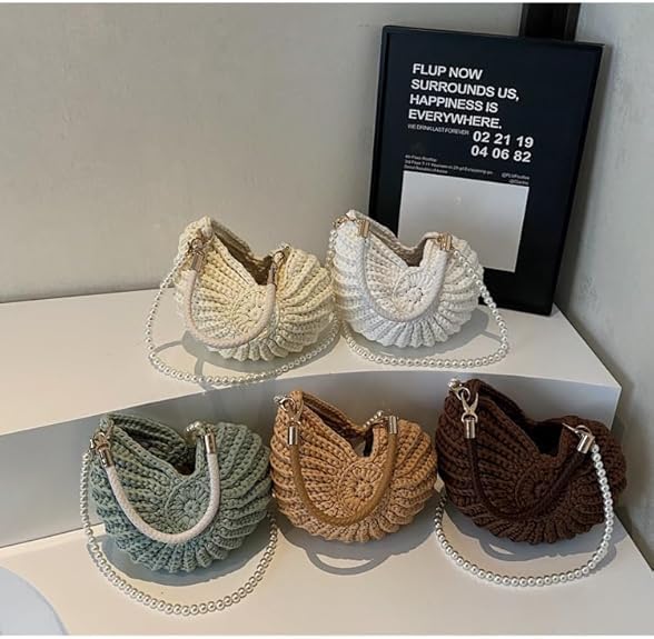 Bolso de mano tejido con conchas y perlas para mujer miniatura 5