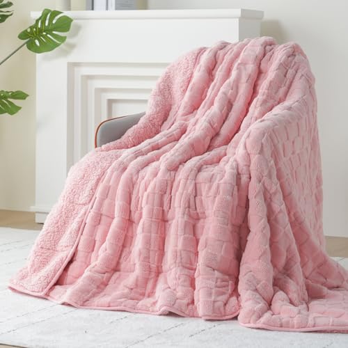 Kivik Dual Sided Weighted Blankets for Adults Buttery Soft Stylish Checkered Heavy Blankets for Couch Sofa Bed - Ultra-Fluffy Fabric Brings Cloud-Like Comfort (60x80 Pink 15 Pounds)