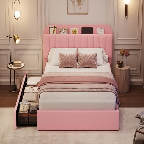 GarveeHome Twin XL Bed Frame with Storage Headboard, Girls Bed Frame with 2 Drawers, Boucle Upholstered Platform Bed with Bookcase, No Box Spring Needed, Easy Assembly, Pink