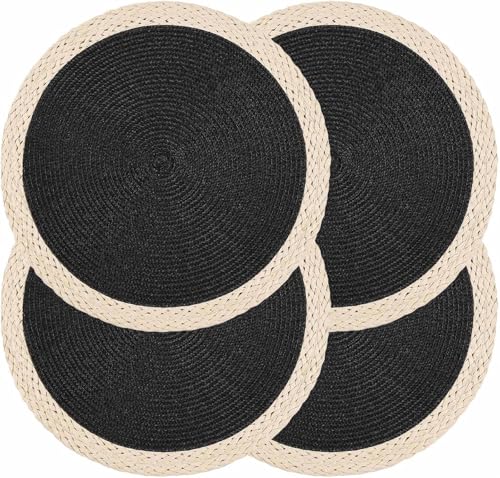 Lot de 4 sets de table ronds en osier tressé naturel pour table de salle à manger résistant à la chaleur, pour intérieur et extérieur, 38 cm, noirs