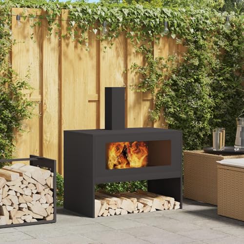 Homgoday Brasero Exterior Jardin Grande,Estufa al Aire Libre para Camping Cuenco para Hogueras Hogar de Fuego con Chimenea Negro 80x50x96 cm Acero
