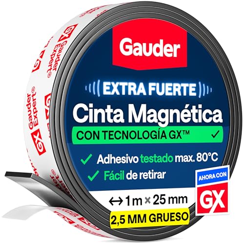 GAUDER Cinta magnética adhesiva fuerte - Tira magnética fuerte - Cinta magnética recortable extra fuerte - Cinta magnética extra fuerte - Cinta adhesiva magnética (1 m x 25 mm)