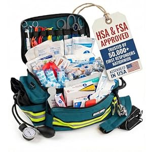 Scherber First Responder Fully-Stocked Professional Essentials EMT/EMS Trauma Kit | HSA/FSA Approved | Reflective Bag w/8 Zippered Pockets & Compartments & 200+ First Aid Supplies – Blue