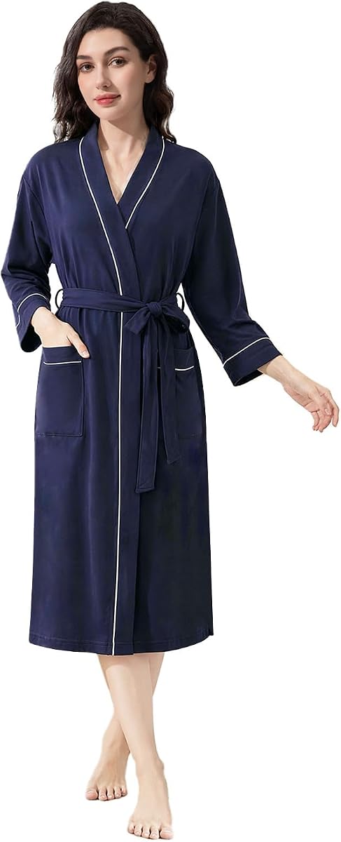 Womens Lightweight Robe, Kimono Collar Absorbent Bathrobe for Women Cozy Soft Sleepwear Bath Robe with Pockets