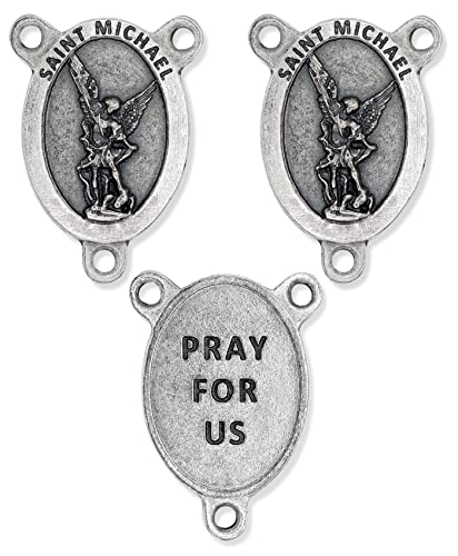 Bulk Pack Of 3 - Detailed St Michael Rosary Centerpiece And Guardian Angel Rosary Centers 1" Silver Oxidized And Made In Italy - Spiritual Protection Catholic Rosary Making Supplies #TOP2