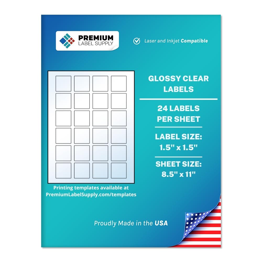Premium Label Supply Glossy Clear Sticker Square Labels – 1.5" x 1.5" – Laser/Inkjet Compatible – (24 per Sheet), 10 Sheets – 240 Total Adhesive