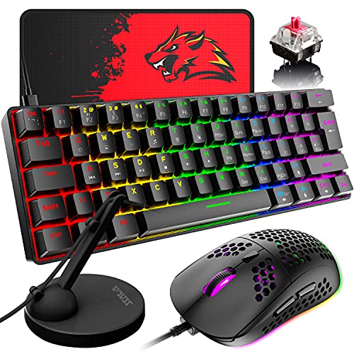 60% Mechanical Gaming Keyboard and Mouse Combo, Ultra-Compact Mini 62 Keys Type C Chroma 20 Rainbow Backlit Effects,RGB Lightweight Gaming Mouse,Mouse Pad and Mouse Cable Holder for PC/Mac