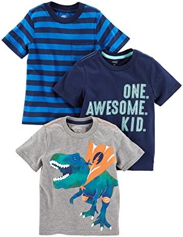 Simple Joys by Carter's Toddler Boys' Short-Sleeve Graphic Tees, Pack of 3, Blue/Grey, Stripe/Dinosaur, 4T