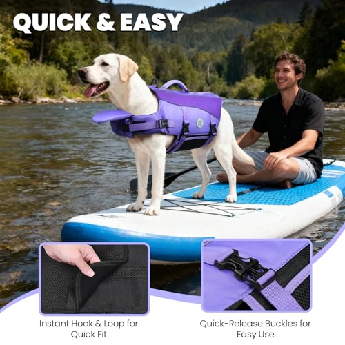 Image of VIVAGLORY Dog Life Vest Front Float Dog Swim Vest, XS, Purple | Life Jacket with Chin Float & Handle for Swimming & Boating, High Visibility Adjustable for Doggy Cat Puppy