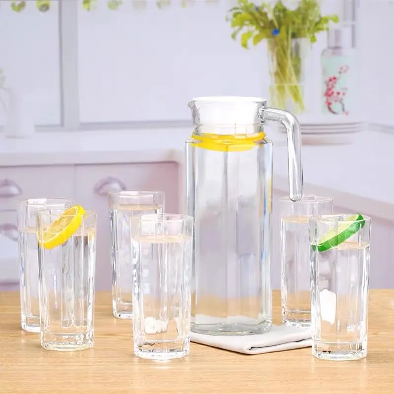 Image of Premium Water and Juice Glasses Set of 6 300ML and 1 Liter Water Jug 1 piece,Transparent Glass and Jug Set for Dining Table,Party,Gift Set,All pourpse use (7 piece) (MT-18)