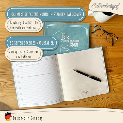 Silberknopf® Papa erzähl mir von deinem Leben | Erinnerungsbuch zum Ausfüllen | Papa Geschenk Geburtstag | Familienbuch | Vatertagsgeschenk für Papa | Geschenk für Papa | Buch zum Vatertag