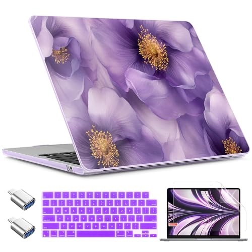 TWOLSKOO for MacBook Air 15 inch Case 2026 2025 2024 2023 Release M5 A3448 M4 A3241 M3 A3114 M2 A2941, Plastic Hard Shell & Screen Protector & Keyboard Cover & Type C Adapter, Purple Flowers by TWOLSKOO - Used condition - US$10.02