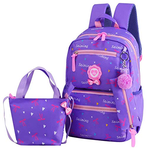 3pcs Heart Bowknot Prints Elementary School Bag Primary School Backpack Sets with Lunch Bags (Purple-a)