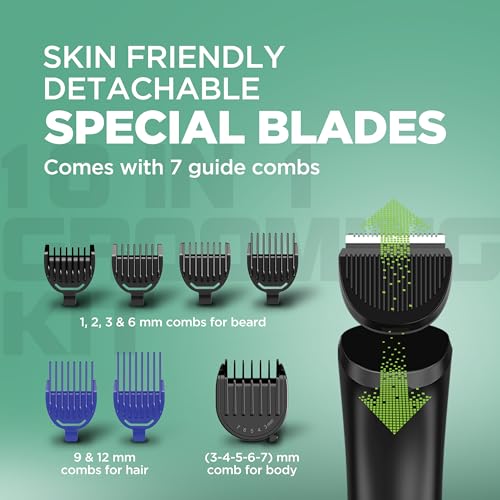 Image of Havells 10 in 1 Digital Grooming Kit |2-in-1 Special Blade|Nose & Ear Attachment|Ceramic Body Groomer |4 Beard, 2 Hair Combs & 1 Body Groomer Comb|Type C Turbo Charge|No Nicks & Cuts|2 Year Guarantee|GS6668