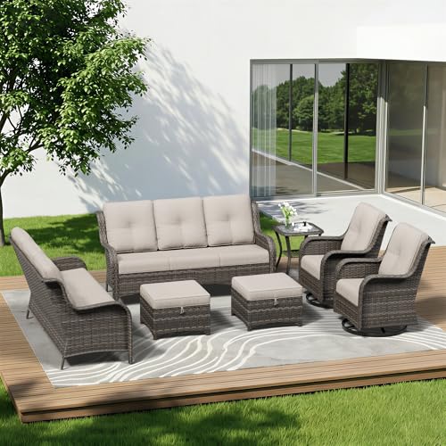 Image of 7 Piece Outdoor Wicker Patio Furniture Set, Outdoor Swivel Rocker Patio Chairs Set with Thickened Olefin Cushions, High Back and Deep Seating, Hand-Woven PE Rattan for Porch, Deck