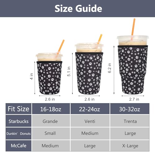 Image of 3 Pack Reusable Iced Coffee Sleeves - Xumbtvs Insulator Sleeve for Cold Beverages, Neoprene Coffee Cup Holder (Black paw)