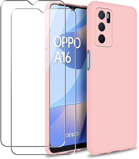 Case for Oppo A16 / A16s / A54s, Pink Liquid Silicone Protective Cover with Two Tempered Glass Screen Protector Film for Oppo A16 / A16s / A54s