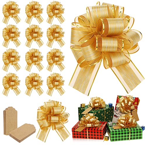 20 Pcs Pull Bow Gold Wrapping Pull Bows With 20 Piece Kraft Paper Tags Brown Gift Tags For Gift Wrapping Christmas Birthday Wedding Baskets Decoration, 6 Inches Diameter #TOP16