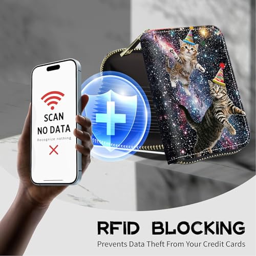 Image of Cute Credit Card Holder with Zipper, Cats Galaxy Nebula RFID-Blocking Card Case Small Wallet for Women Men, Multi-slot Card Organizer Case Travel Accordion Wallet