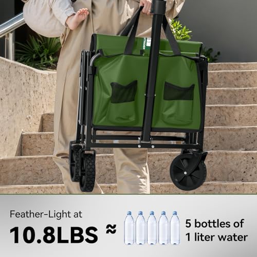 Collapsible Foldable Wagon, Foldig Cart with Wheel Heavy Duty with 180lbs Weight Capacity Lightweight Utility Camping Wagon for Groceries Garden Beach Sports Fishing (Army Green)