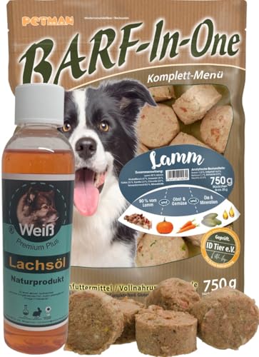 petman Barf-in-One Lamm, 3 x 750g-Beutel, + Weiß-Premium Lachsöl 100ml Tiefkühlfutter, gesunde, natürliche Ernährung für Hunde, Hundefutter, Barf, B.A.R.F.