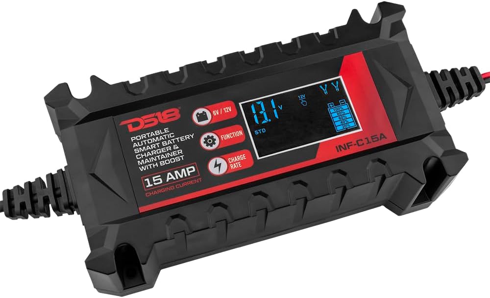 DS18 INF-C15A 6V/12V Portable Automatic Smart Lithium and AGM Car Battery Charger & Maintainer with Boost 15A - Trickle Charger, Float Charger for Motorcycle, ATV, Lithium and Deep Cycle Batteries