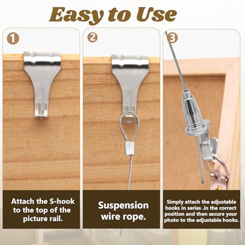 Image of Zorfeter 8 Pack Adjustable Picture Rail Hanging System, Sturdy Picture Rail Hooks Kit 66 lbs(30KG) Max Load Wire Hooks, 3ft(1m) Cable with Loop Picture Hanging Kit for Frames Display /Silver