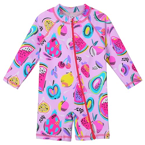 Image of XFGIRLS 2024 New Little Girls Full Zipper Swimwear Long Sleeve One Piece Easy to Change Diapers Rash Guard Bathing Suit 6-12M, S425 PinkFruit 12M