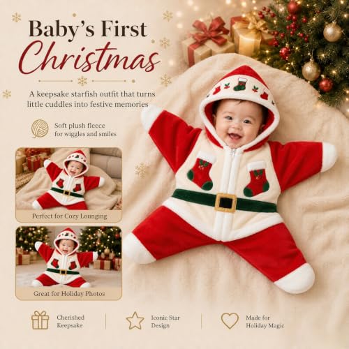 Starfish Baby Outfit Christmas Newborn Hooded Fleece Star Jumpsuit 3 Months - image 3